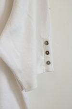 New Chico's White SS Top with Silver Sleeve Buttons | XL