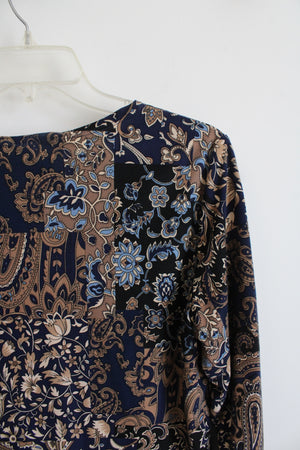 Rafaella Blue Tan Paisley Long Sleeved Top | L