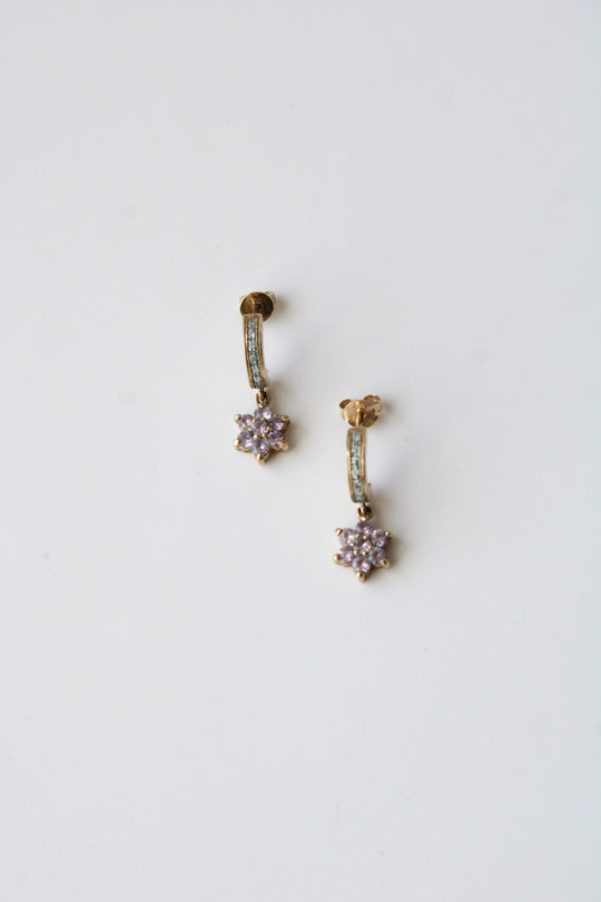 Flower Light Pink Stone 9K Yellow Gold Half Hoop Earrings