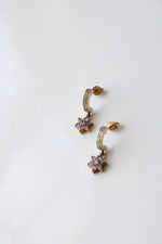 Flower Light Pink Stone 9K Yellow Gold Half Hoop Earrings