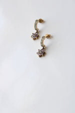 Flower Light Pink Stone 9K Yellow Gold Half Hoop Earrings
