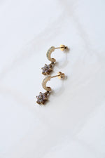 Flower Light Pink Stone 9K Yellow Gold Half Hoop Earrings