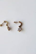 Flower Light Pink Stone 9K Yellow Gold Half Hoop Earrings