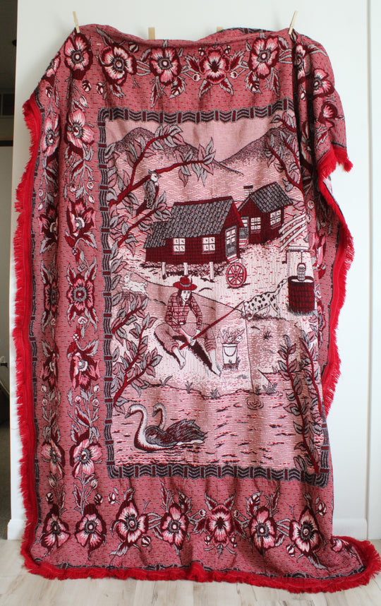Boy Fishing Red Tapestry Blanket | 82X69"