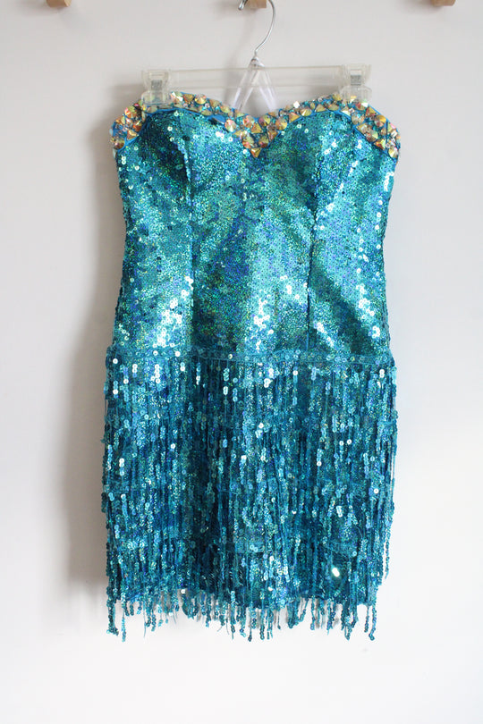 NEW Hannah S. Turquoise Sequin Fringe Strapless Mini Dress | 6
