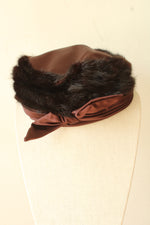 Dece Original Brown Vintage Hat with Satin Crown Fur Trim and Bow