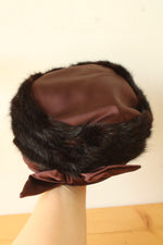 Dece Original Brown Vintage Hat with Satin Crown Fur Trim and Bow