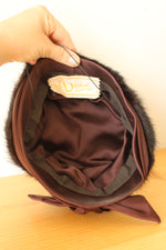 Dece Original Brown Vintage Hat with Satin Crown Fur Trim and Bow