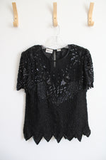 Denise Elle Black Sequined & Beaded Silk Top | XL