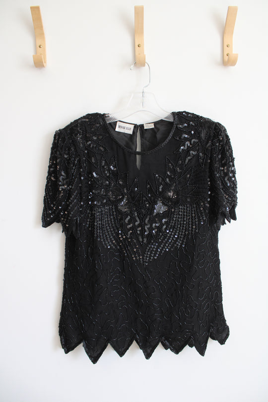 Denise Elle Black Sequined & Beaded Silk Top | XL