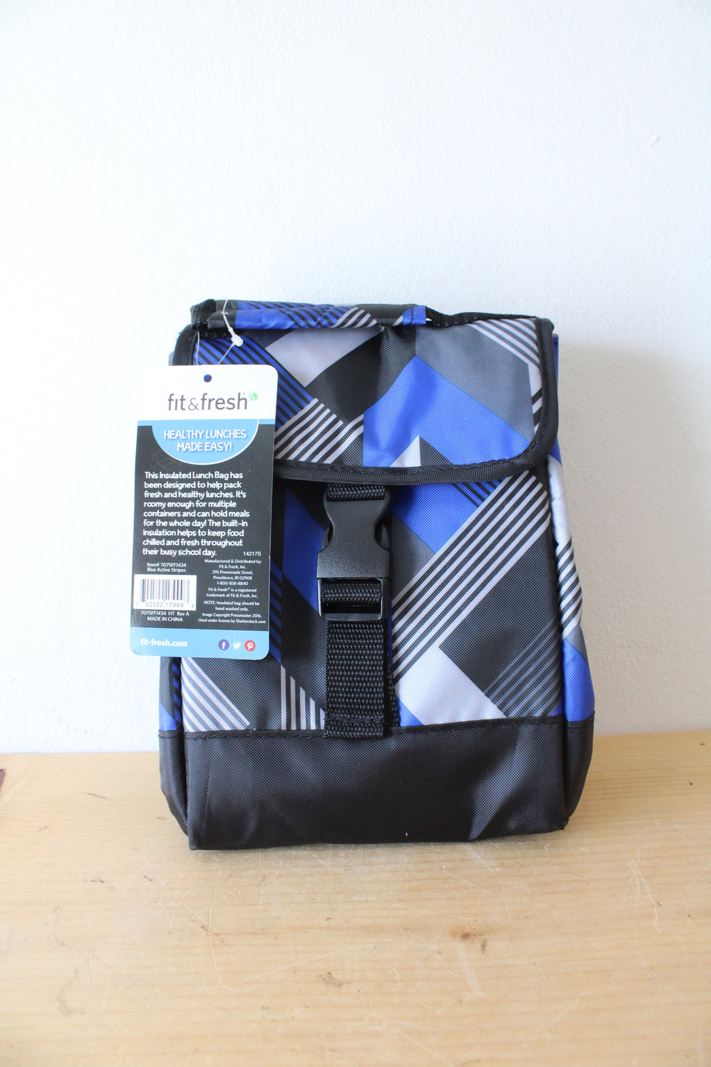 NEW Fit & Fresh Blue Black & Gray Striped Insulated Lunch Bag