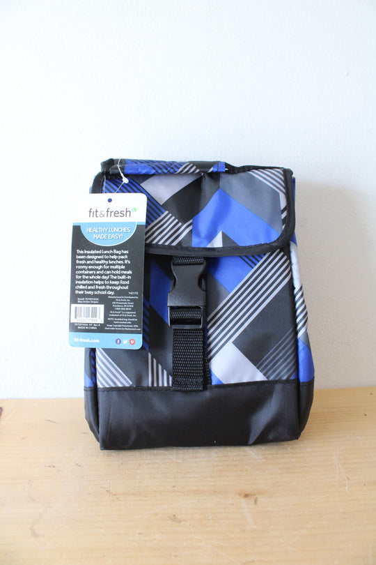 NEW Fit & Fresh Blue Black & Gray Striped Insulated Lunch Bag