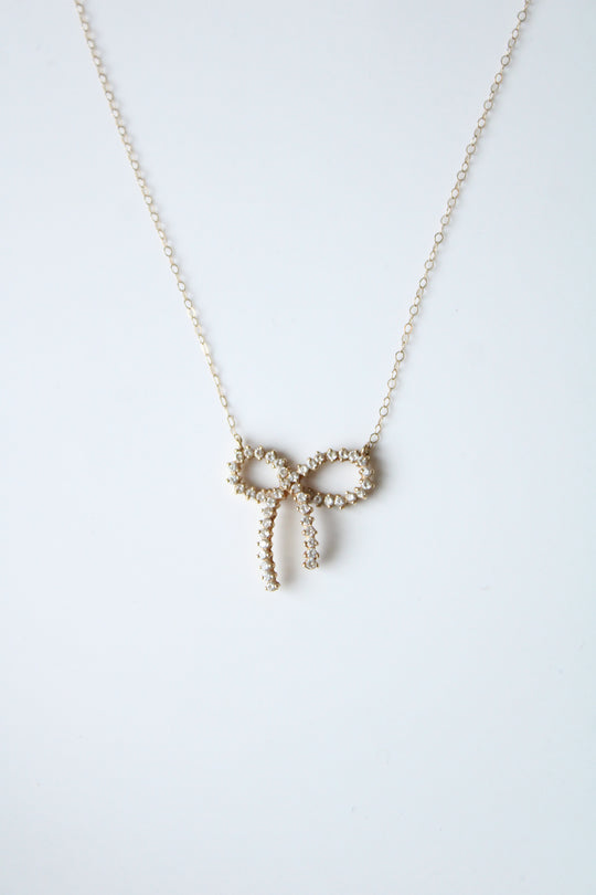 14K Yellow Gold Pave Bow Necklace