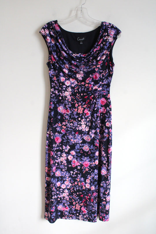 Connected Apparel Navy Purple Pink Floral Stretch Dress | S