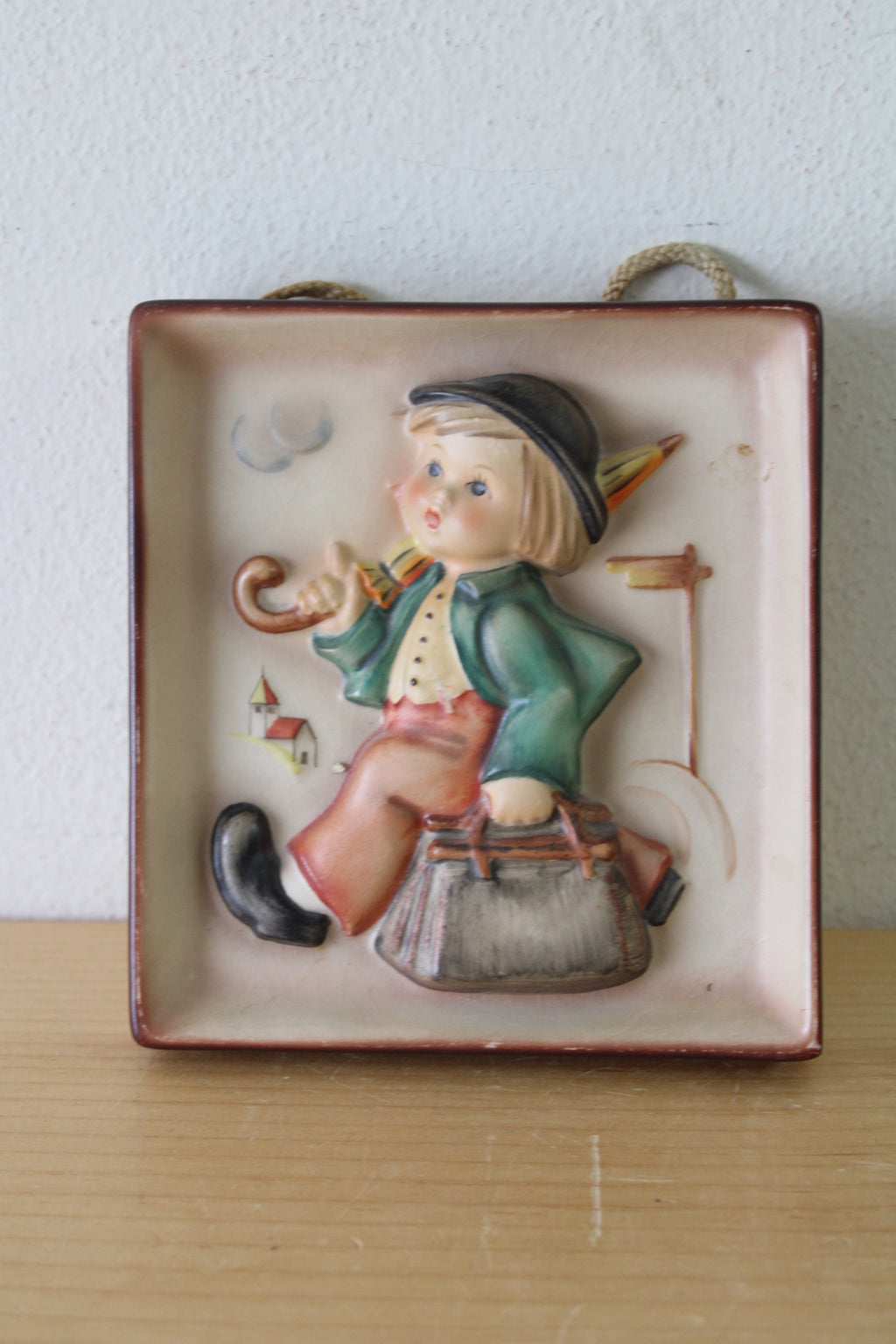 Hummel Goebel Boy With Umbrella Ceramic Wall Hanging Plaque | 5X5"