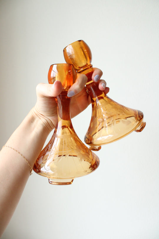 Vintage Art Deco Amber Etched Candlestick Holders | Set Of 2