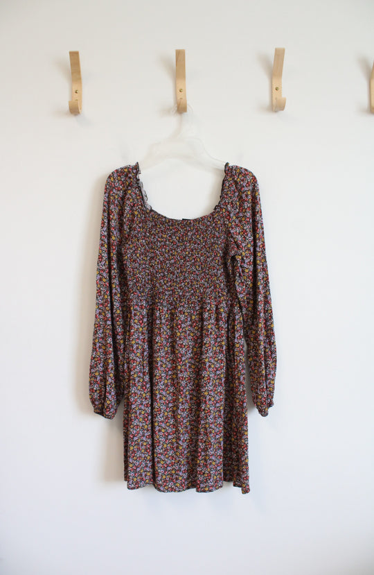 Art Class Purple Yellow Red Floral Long Sleeved Smocked Dress | Youth XL (14/16)