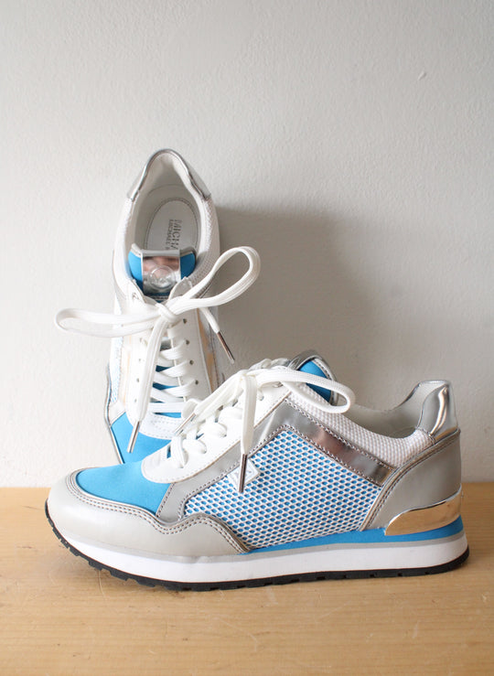 MICHAEL Michael Kors Blue Silver & White Maddy Mesh & Scuba Trainer Shoes | Size 6