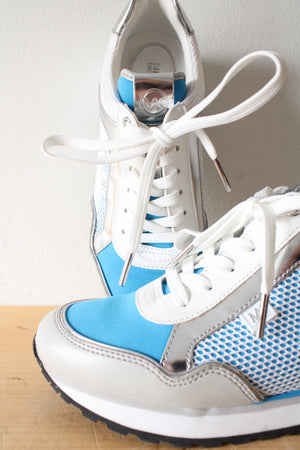 MICHAEL Michael Kors Blue Silver & White Maddy Mesh & Scuba Trainer Shoes | Size 6