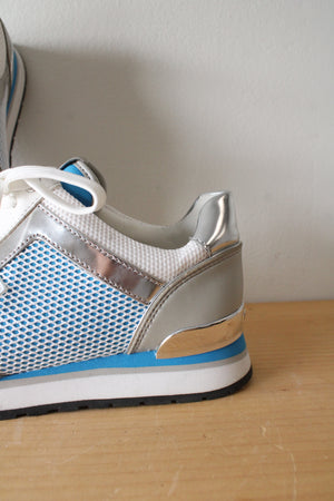 MICHAEL Michael Kors Blue Silver & White Maddy Mesh & Scuba Trainer Shoes | Size 6