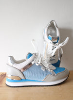 MICHAEL Michael Kors Blue Silver & White Maddy Mesh & Scuba Trainer Shoes | Size 6