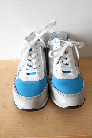 MICHAEL Michael Kors Blue Silver & White Maddy Mesh & Scuba Trainer Shoes | Size 6