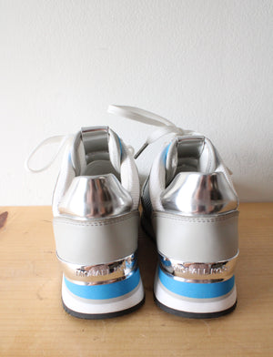 MICHAEL Michael Kors Blue Silver & White Maddy Mesh & Scuba Trainer Shoes | Size 6