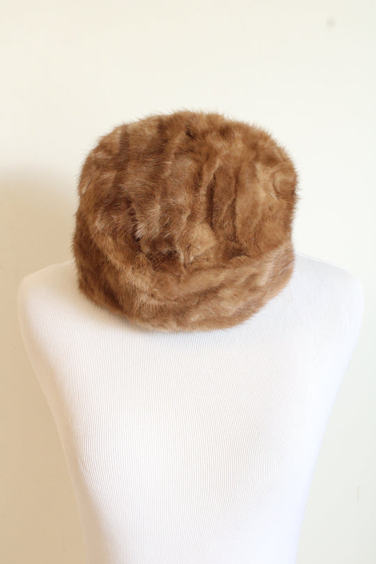 Vintage Light Brown Fur Pillbox Round Winter Hat