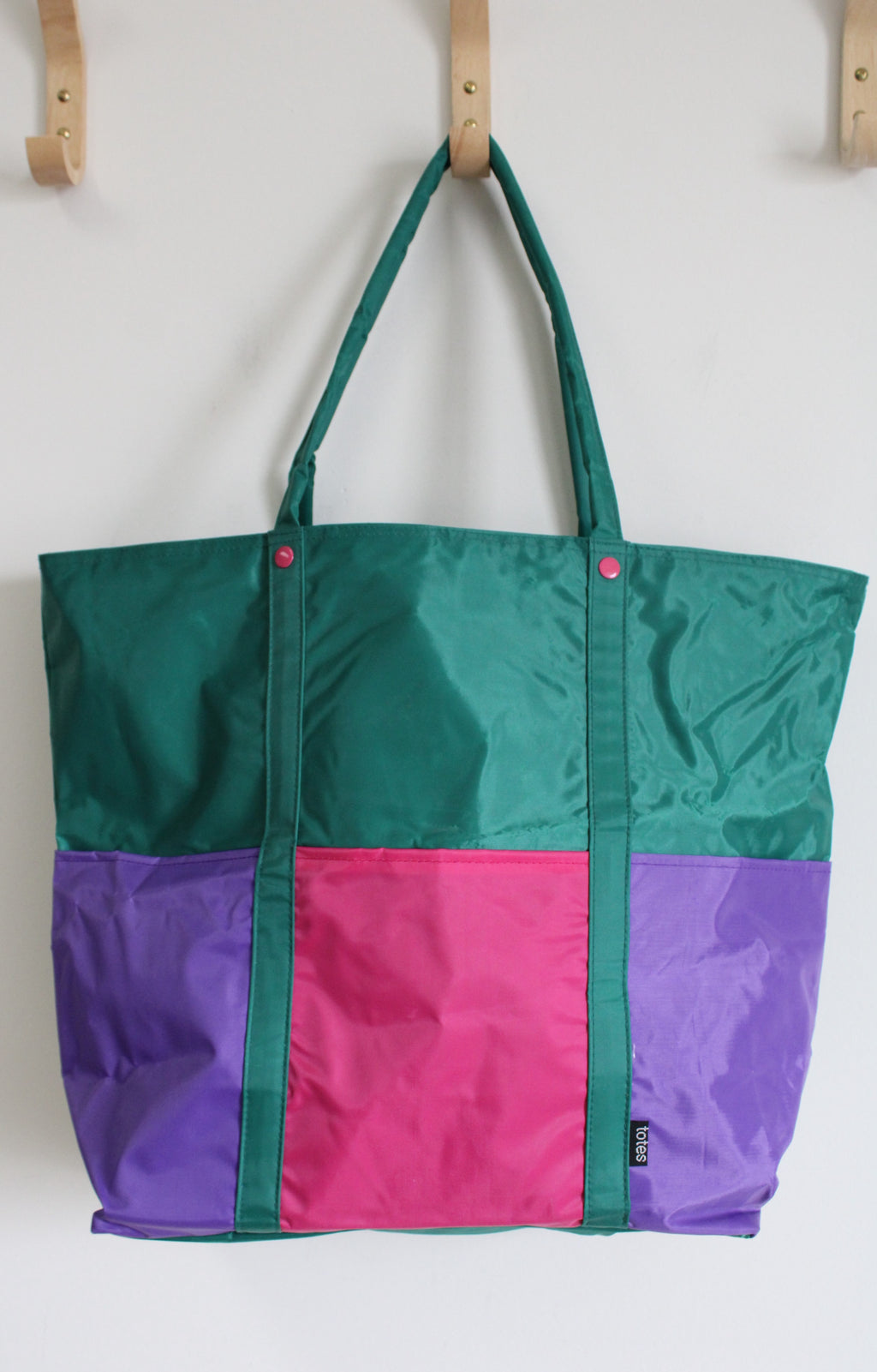Totes Brand Vintage Green Pink Purple Color Blocked Large Nylon Tote Bag