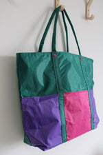 Totes Brand Vintage Green Pink Purple Color Blocked Large Nylon Tote Bag