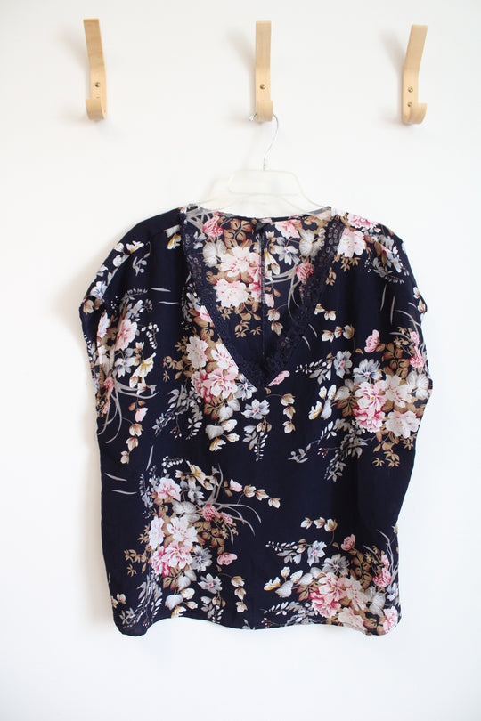 Shein Curve Navy Floral Lace Trim Top | 2XL