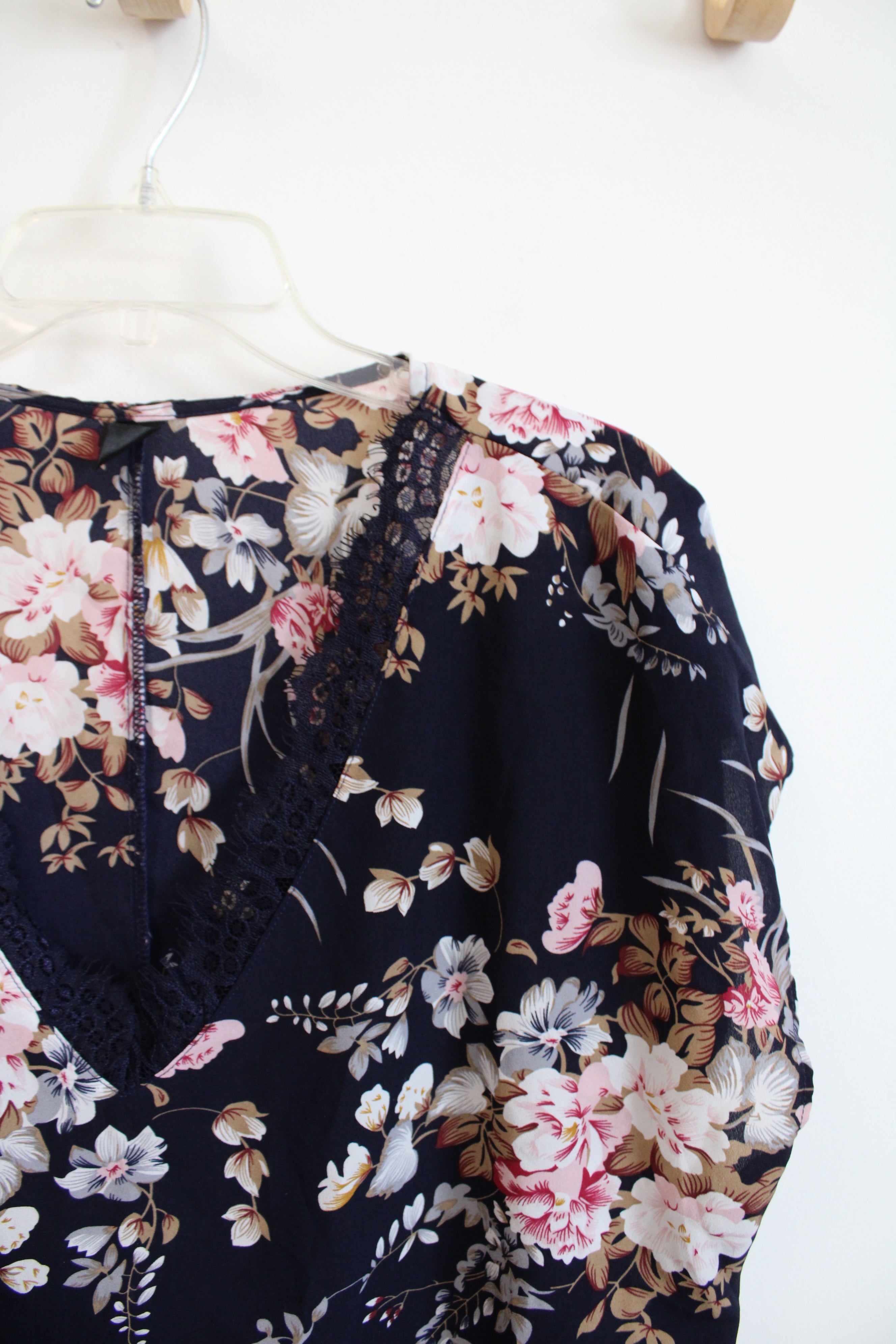 Shein Curve Navy Floral Lace Trim Top | 2XL