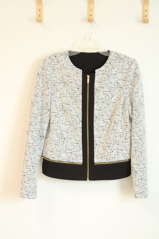 Calvin Klein Black & White Textured Tweed Zip Front Blazer | M