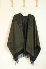 Reversible Olive Green and Black Floral Cashmere Shawl | OS