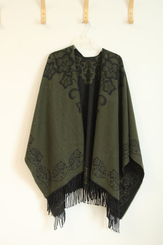 Reversible Olive Green and Black Floral Cashmere Shawl | OS