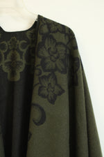 Reversible Olive Green and Black Floral Cashmere Shawl | OS