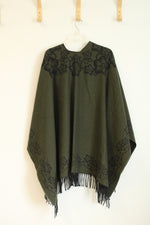 Reversible Olive Green and Black Floral Cashmere Shawl | OS