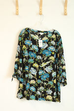 NEW J. Jill Tie Sleeves Boat Neck Chinoiserie Black Floral Blouse | 3X