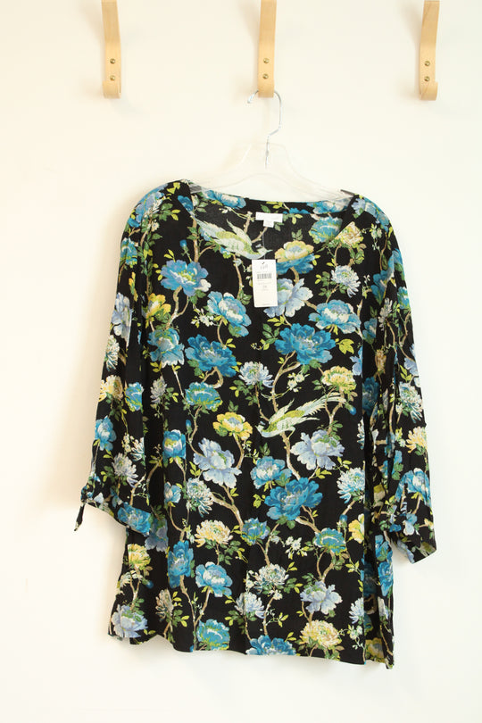 NEW J. Jill Tie Sleeves Boat Neck Chinoiserie Black Floral Blouse | 3X