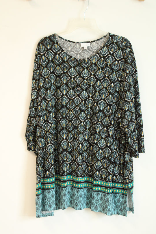J. Jill Black Peacock Print Button Trim Tunic Top | 3X