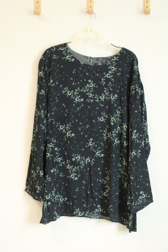 J. Jill Navy Blue Floral Layered Long Sleeve Blouse | 3X