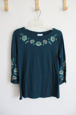 NEW J.Jill Teal Embroidered Floral Long Sleeved Top | XS