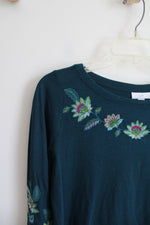 NEW J.Jill Teal Embroidered Floral Long Sleeved Top | XS