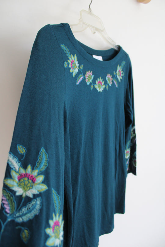 NEW J.Jill Teal Embroidered Floral Long Sleeved Top | XS