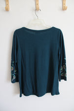 NEW J.Jill Teal Embroidered Floral Long Sleeved Top | XS