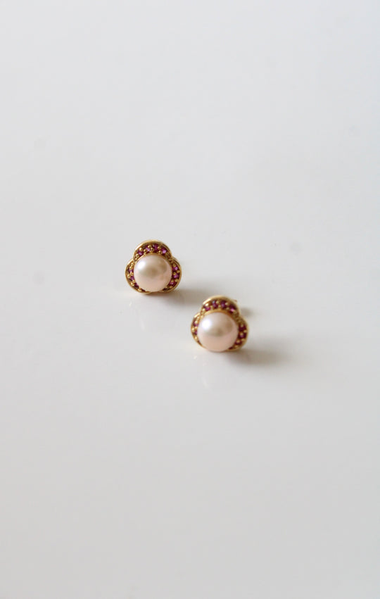 Genuine Pearl & Pink Stone 14K Yellow Gold Earrings