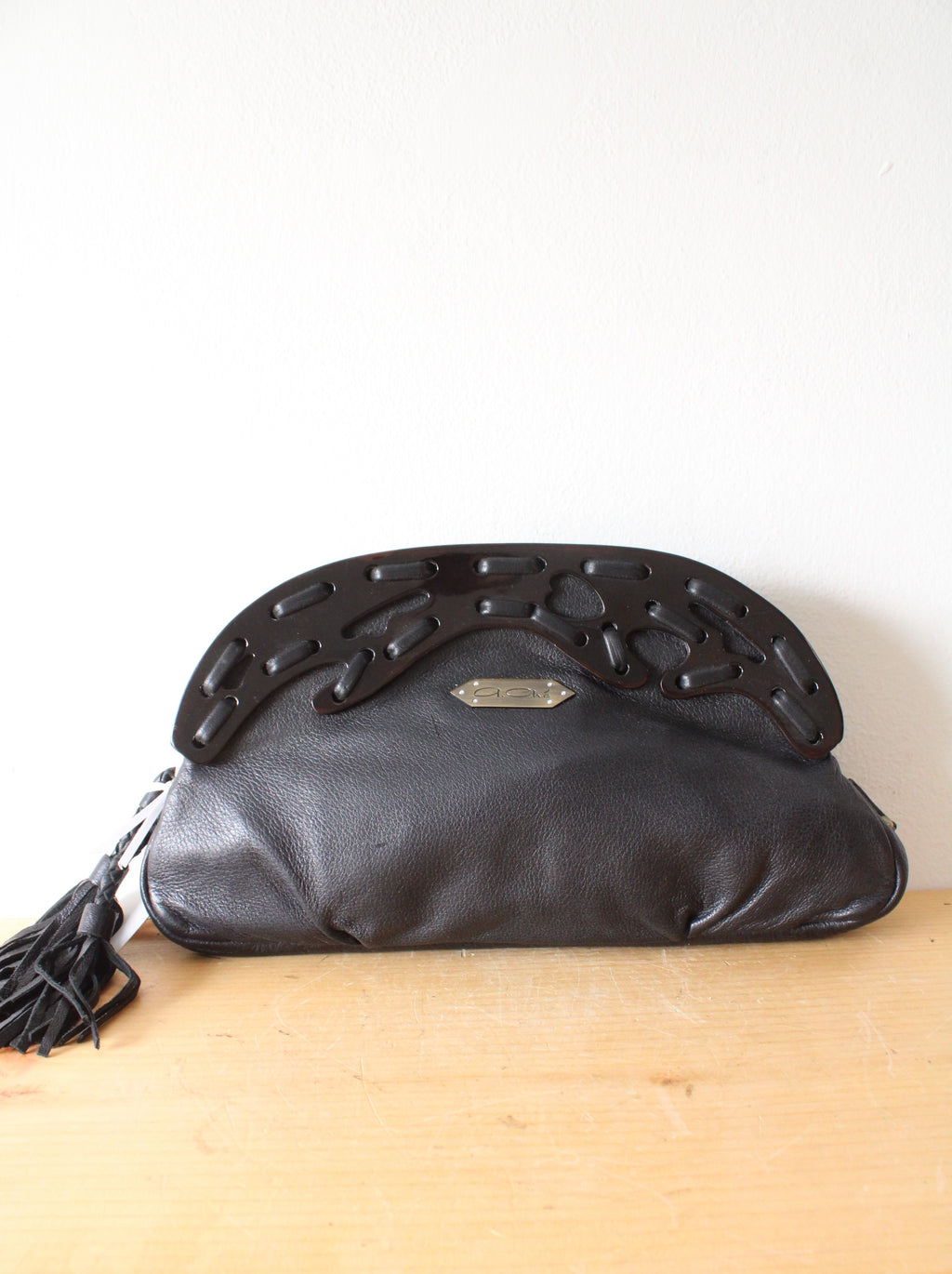 NEW A.Che Black Leather Fringe Clutch