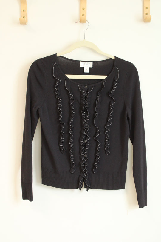 Ann Taylor Loft Black Ruffle Front Button Down Cardigan | | M Petite