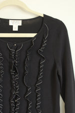 Ann Taylor Loft Black Ruffle Front Button Down Cardigan | | M Petite