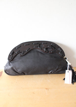 NEW A.Che Black Leather Fringe Clutch